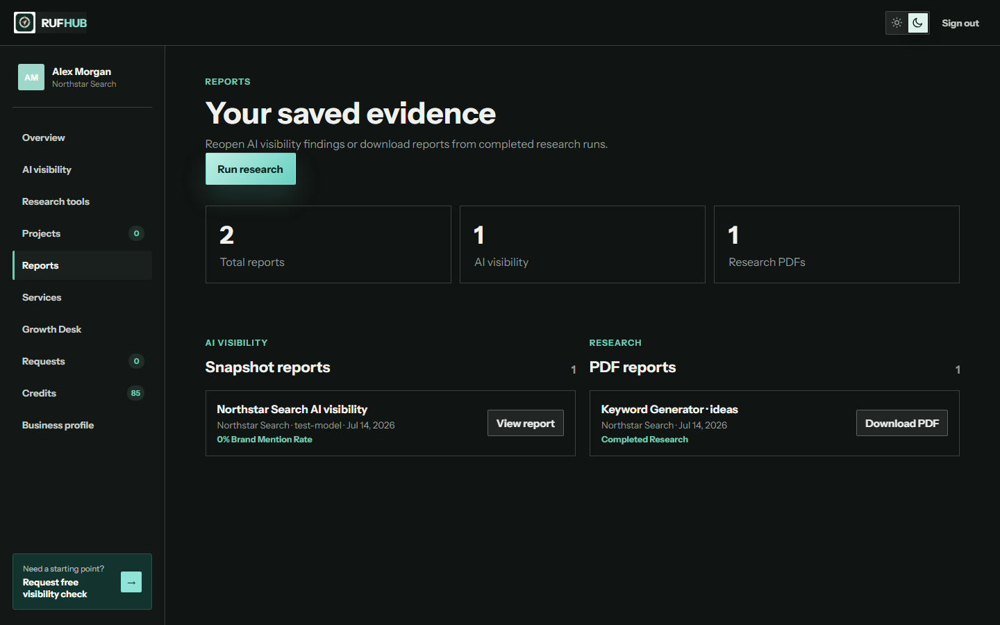 RUFHUB Reports workspace in dark mode showing saved AI visibility and research reports