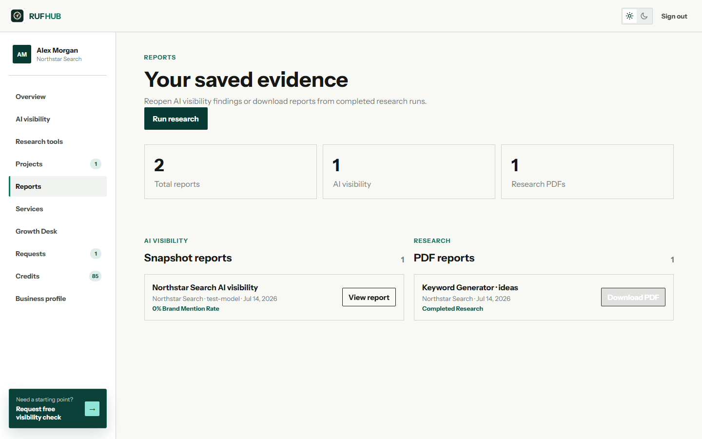 RUFHUB Reports workspace in light mode showing saved AI visibility and research reports